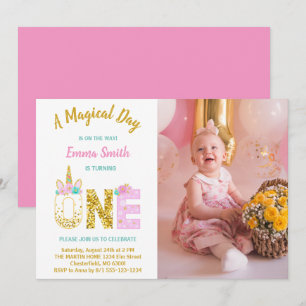 Invitation Photo d'anniversaire licorne rose pailletée or 1er