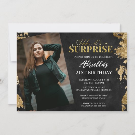 Invitation Photo d'anniversaire moderne Black and Gold Surpri (Devant)
