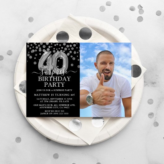 Invitation Photo d'anniversaire moderne Black & Silver 40th S
