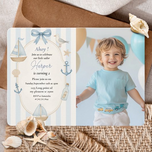 Invitation Photo d'anniversaire nautique | Bateau à voile ble