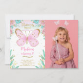 Invitation photo d'anniversaire papillon aquarelle (Devant)