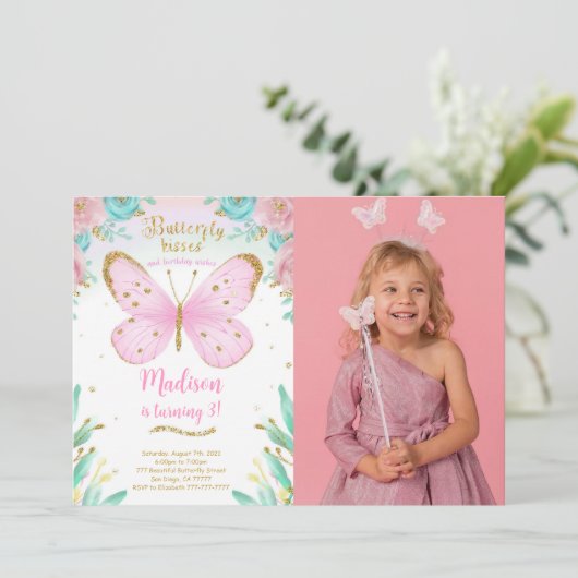 Invitation photo d'anniversaire papillon aquarelle (Debout devant)