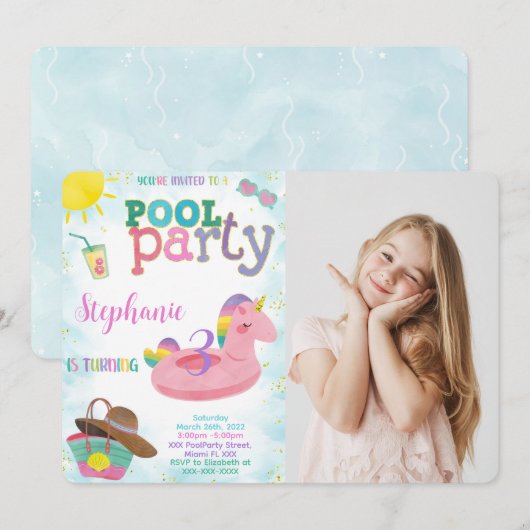 Invitation photo d'anniversaire Piscine Cool (Devant / Derrière)