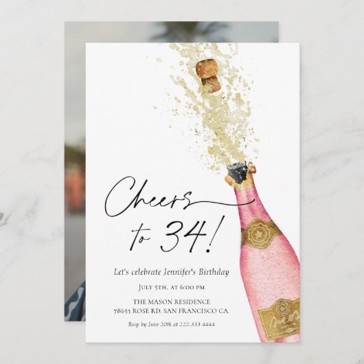 Invitation Photo d'anniversaire rose et or (Devant / Derrière)