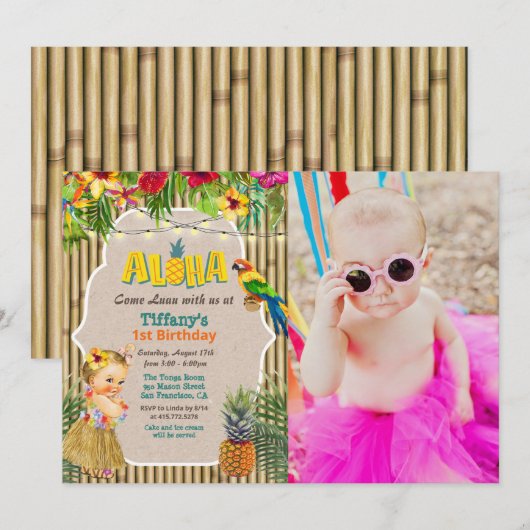Invitation photo d'anniversaire tropical Aloha Lua (Devant / Derrière)
