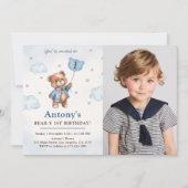Invitation Photo d'anniversaire un an avec ours en peluche bl (Devant)