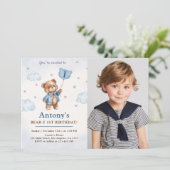 Invitation Photo d'anniversaire un an avec ours en peluche bl (Debout devant)