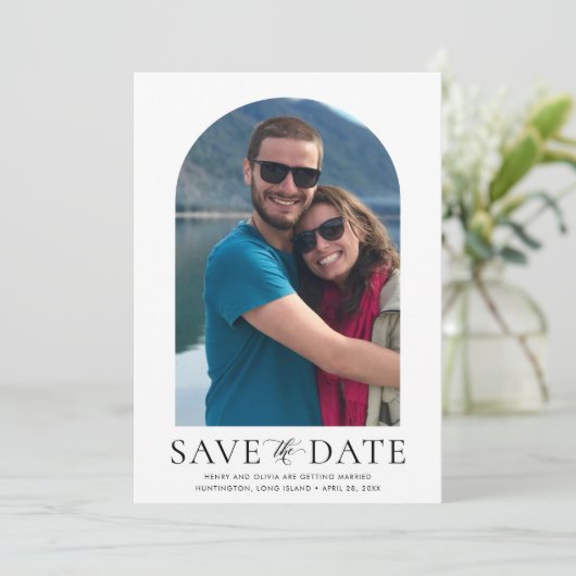 Invitation Photo d'arc moderne et code QR Mariage vertical (Debout devant)