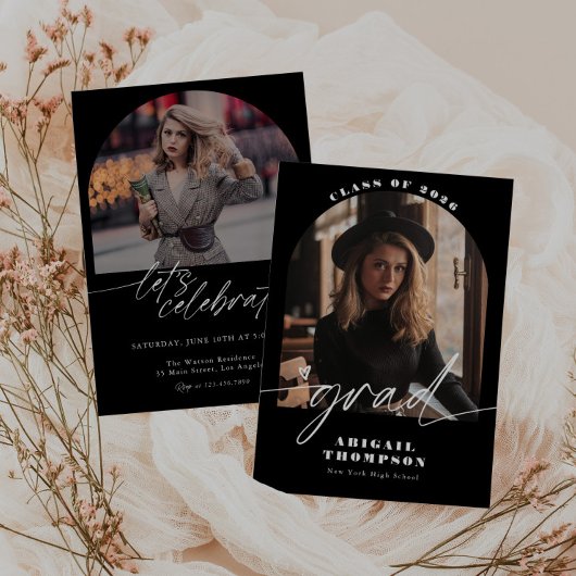 Invitation Photo d'arch en noir et blanc Script de graduation