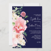 Invitation Photo Dark Navy Blush Rose Floral Script élégant (Devant)