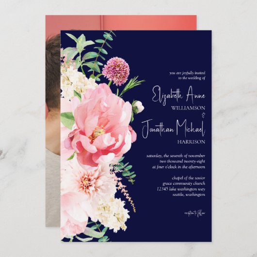 Invitation Photo Dark Navy Blush Rose Floral Script élégant (Devant / Derrière)