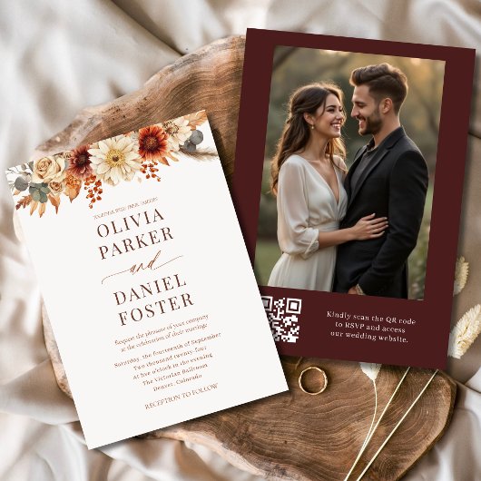 Invitation Photo d'automne moderne QR Code Mariage de automne