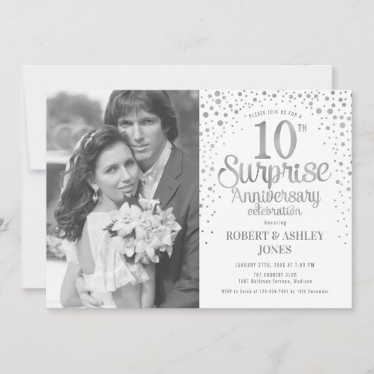 Invitation Photo de 10e anniversaire surprise - Argent blanc (Devant)