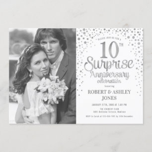 Invitation Photo de 10e anniversaire surprise - Argent blanc