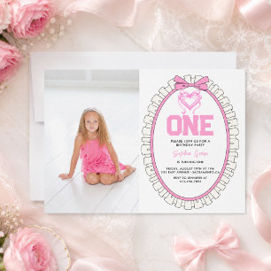 Invitation Photo de 1er anniversaire Coquette avec un joli nœ