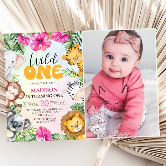 Invitation Photo de 1er anniversaire de fille Safari Wild One