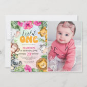 Invitation Photo de 1er anniversaire de fille Safari Wild One (Devant)