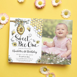 Invitation Photo de 1er anniversaire de Floral Beehive Honey