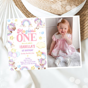 Invitation Photo de 1er anniversaire de licorne arc-en-ciel m
