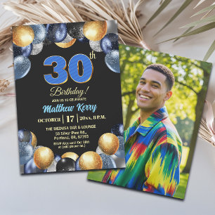 Invitation Photo de 30e anniversaire bleu argent or élégant