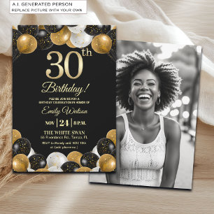Invitation Photo de 30e anniversaire élégant noir et or paill