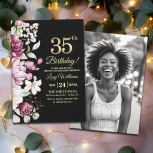 Invitation Photo de 35 ans d'anniversaire floral élégant or