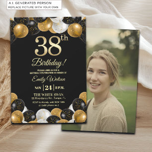 Invitation Photo de 38e anniversaire élégant noir et or paill