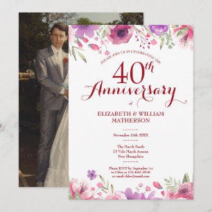 Invitation Photo de 40e anniversaire de mariage aquarelle ros