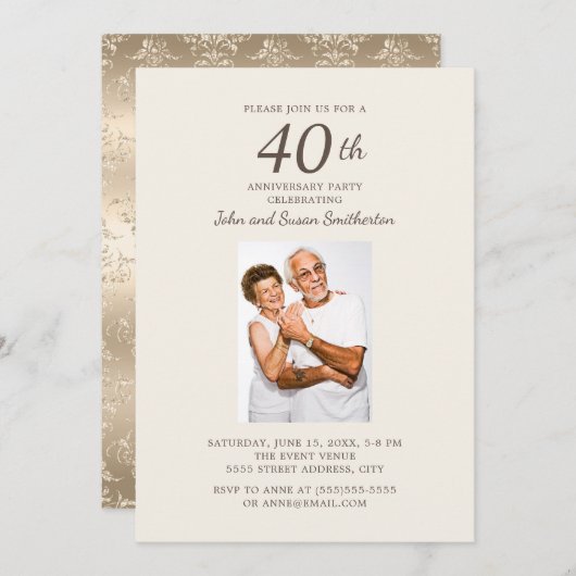 Invitation Photo de 40e anniversaire de mariage en damas or é (Devant / Derrière)