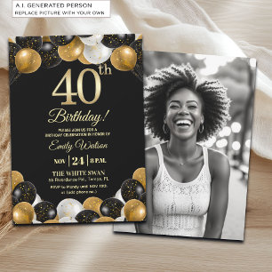 Invitation Photo de 40e anniversaire élégant noir or paillett