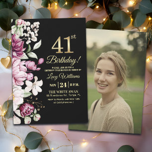 Invitation Photo de 41e anniversaire élégant floral or