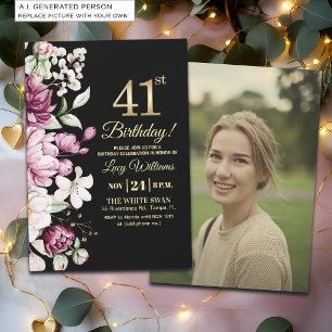 Invitation Photo de 41e anniversaire élégant floral or