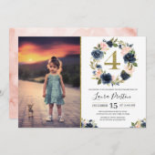 Invitation Photo de 4e anniversaire de la Marine bleu et rose (Devant / Derrière)