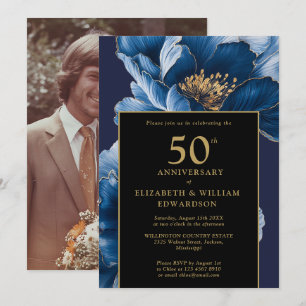 Invitation Photo de 50e anniversaire à motif floral bleu et o