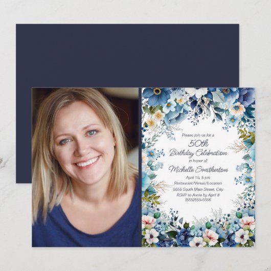 Invitation Photo de 50e anniversaire Navy Dusty Blue White Fl (Devant / Derrière)