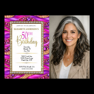 Invitation Photo de 50e anniversaire Strata or rose Glam bijo