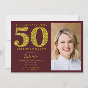 Invitation Photo de 50e anniversaire surprise Burgundy Gold G