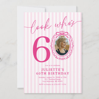 Invitation Photo de 60e anniversaire avec rayure rose élégant