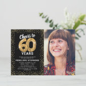 Invitation Photo de 60e anniversaire Black Gold Glitter (Debout devant)