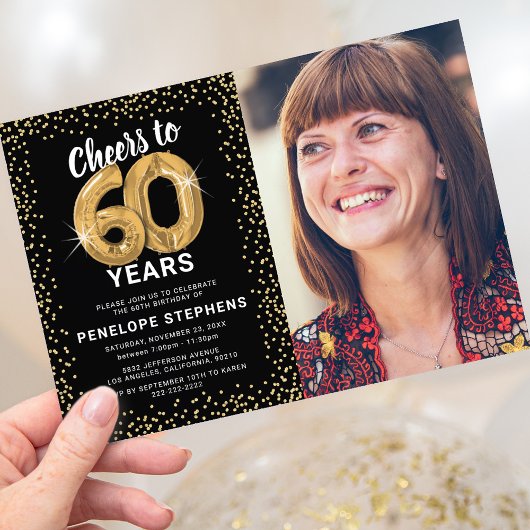 Invitation Photo de 60e anniversaire Black Gold Glitter