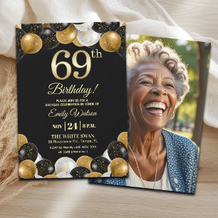 Invitation Photo de 69e anniversaire avec paillettes noires e