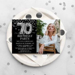 Invitation Photo de 70e anniversaire surprise moderne noir et