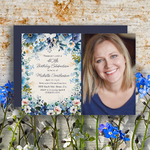 Invitation Photo de 75e anniversaire Navy Dusty Blue White Fl