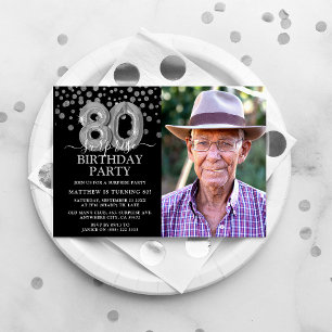 Invitation Photo de 80e anniversaire surprise moderne noir et