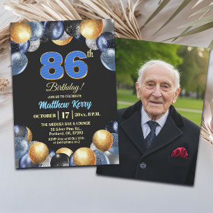 Invitation Photo de 86e anniversaire Bleu Argent Or Élégant
