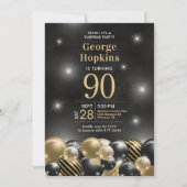 Invitation Photo de 90e anniversaire avec ballons noirs et do (Devant)