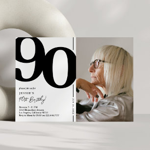 Invitation Photo de 90e anniversaire en noir et blanc moderne