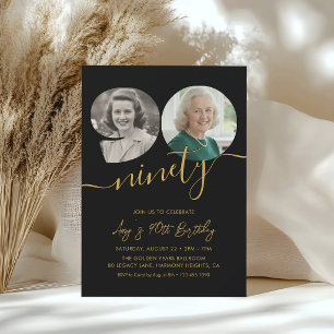 Invitation Photo de 90e anniversaire noir et or