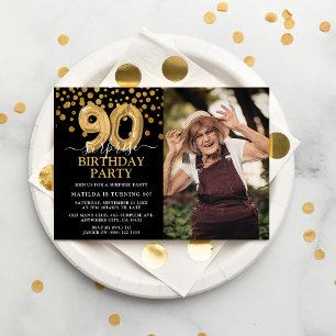 Invitation Photo de 90e anniversaire surprise noir et or mode