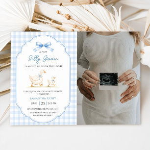 Invitation Photo de Baby Shower Canard en Vichy Bleu Silly Go